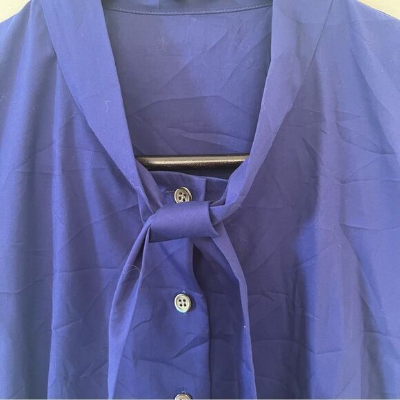 Theory Navy Cap Sleeve Bow Neckline Button Down Blouse - Picture 4 of 10